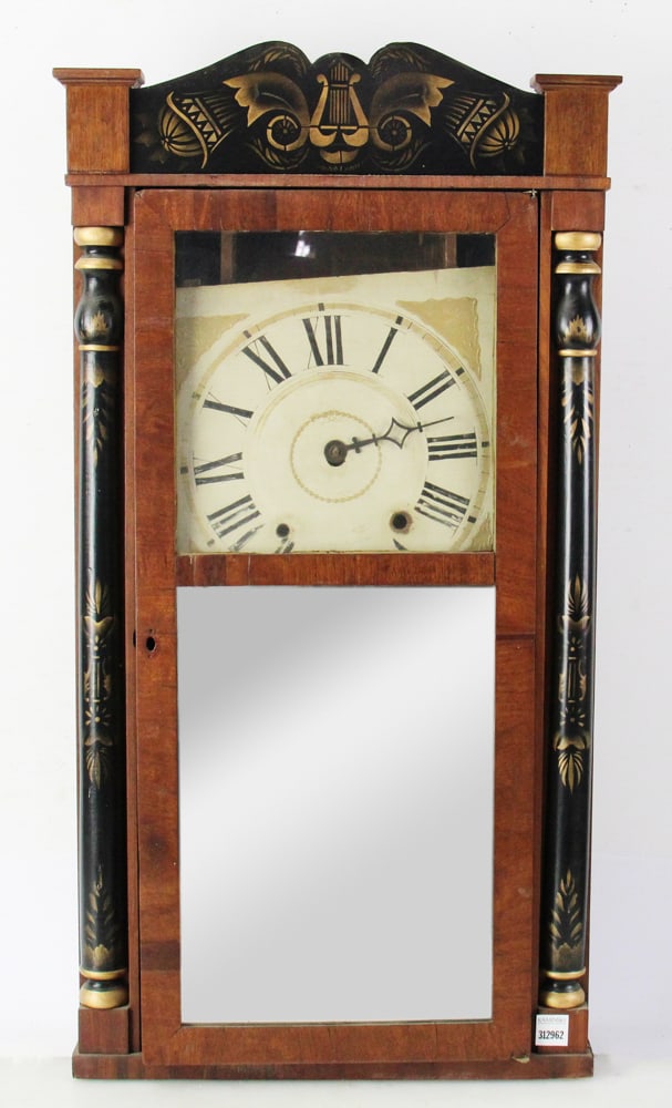 Pillar Mantel Clock: Pillar mantel clock, 31" H x 16 1/2" W x 4 1/2" D. Provenance: North Truro, Massachusetts collection. PLEASE NOTE: This lot is not from the Second Congregational Church of Beverly.