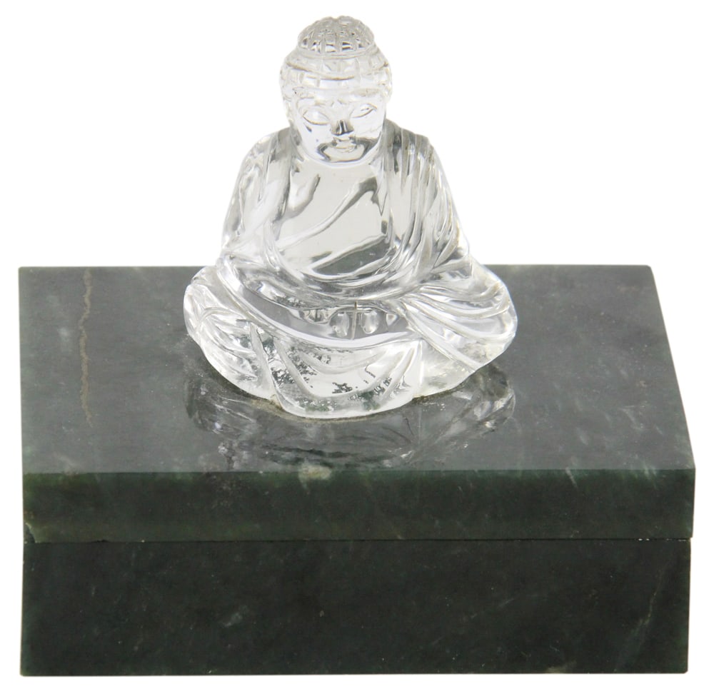 Jade Box with Rock Crystal Buddha on Cover: Jade box with rock crystal Buddha on cover, 4 1/2" H overall, box 3 3/4" x 5". Provenance: Estate of Thomas Nicholson of Palm Beach, Florida and Stratham, New Hampshire. PLEASE NOTE: This lot is not f