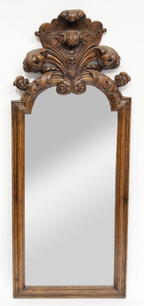 19thC French Carved Oak Rococo Mirror: 19th century French carved oak rococo mirror, 53" x 21". Provenance: Palm Beach, Florida estate. PLEASE NOTE: This lot is not from the Second Congregational Church of Beverly.