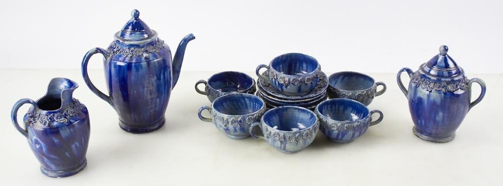 Mexican Cobalt Blue Dripware Coffee Set: Mexican cobalt blue dripware coffee set. Provenance: Palm Beach, Florida estate. PLEASE NOTE: This lot is not from the Second Congregational Church of Beverly.