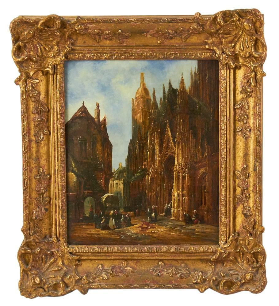 H. Schafer, Church Street Scene, Oil on Canvas: H. Schafer, church street scene, oil on canvas, signed, 12" x 10", in original carved giltwood frame 17" x 15". Provenance: Palm Beach, Florida estate. PLEASE NOTE: This lot is not from the Second Con