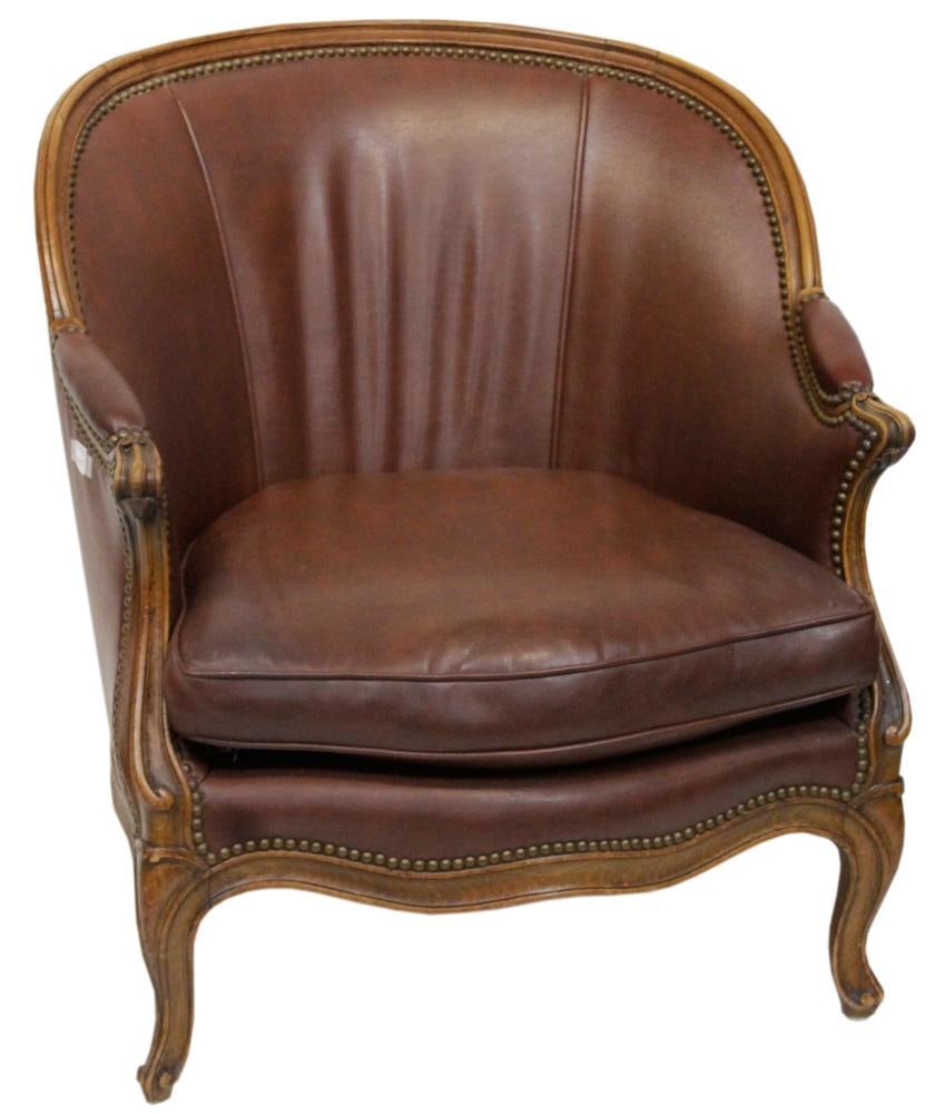 Antique Louis XV Leather Armchair "Gondola Tub Bergere": Antique Louis XV leather armchair often referred to as gondola tub bergere, carved wooden frame often made with walnut and cabriole legs, 32" H x 30" x 32". Small rips on right inside and small rip