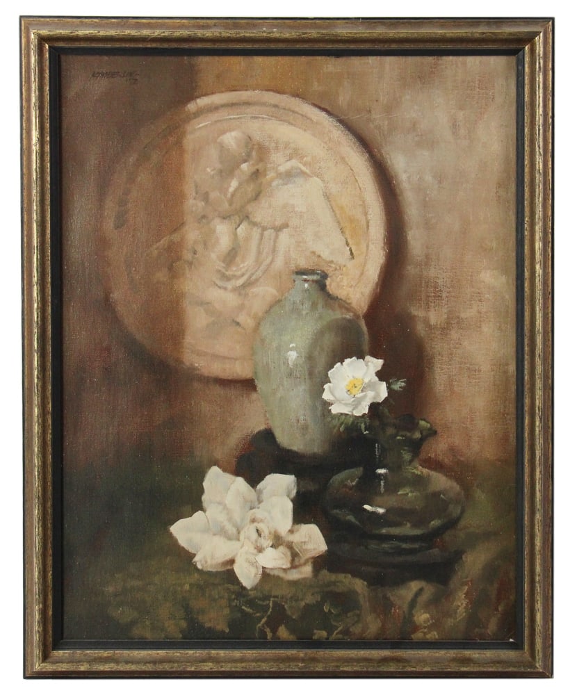 Bruce Kimberling, Still Life, Oil on Canvas: Bruce Kimberling, still life with plaque, vases, and flowers, oil on canvas, signed U/L, artist bio verso, 18" x 14", framed 20" x 16". Provenance: Estate of Thomas Nicholson of Palm Beach, Florida an