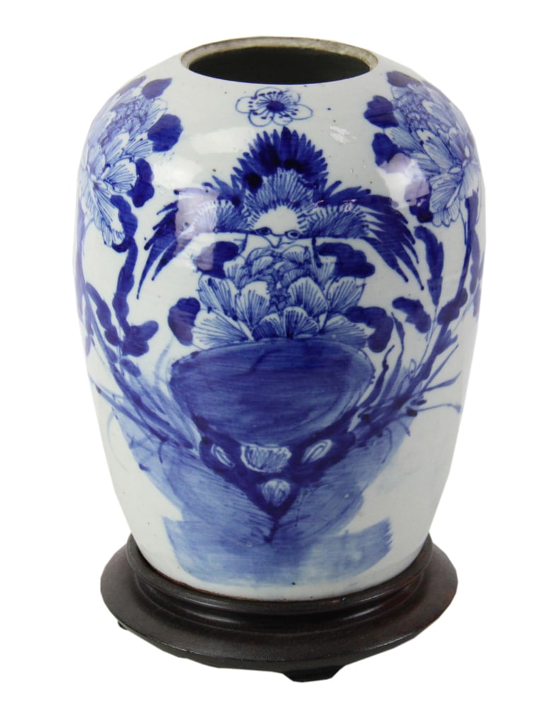 19thC Hand-Painted Blue and White Ginger Jar: 19th century hand-painted blue and white porcelain ginger jar with cobalt floral and bird motif, 11" x 9". Provenance: Palm Beach, Florida estate. PLEASE NOTE: This lot is not from the Second