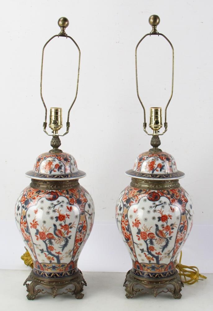 Pair of 20thC Imari Lamps, Electrified: Pair of 20th century Imari lamps, electrified, 29" x 9". Provenance: Ipswich, Massachusetts collection. PLEASE NOTE: This lot is not from the Second Congregational Church of Beverly.
