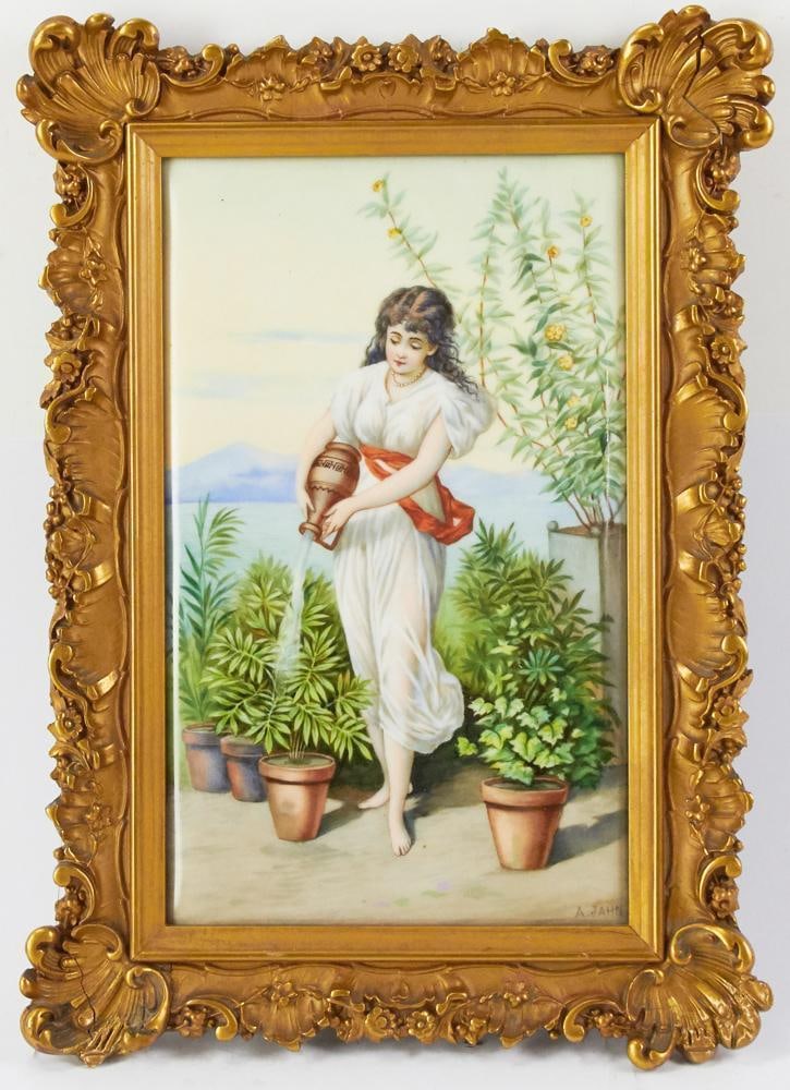 Antique European Porcelain Plaque of Young Woman: Antique European porcelain plaque of young woman, signed A. Jahn, 9 1/2" x 6", framed 12" x 9". Provenance: Palm Beach, Florida estate. PLEASE NOTE: This lot is not from the Second Congregational