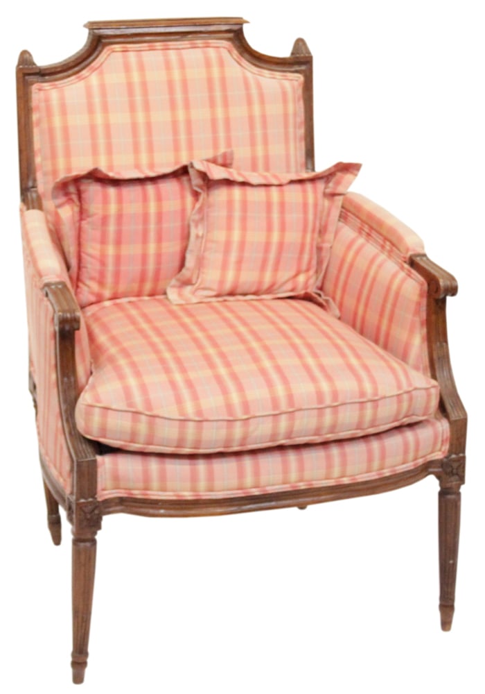 Louis XVI Style Bergere: Louis XVI style bergere with carved wood frame, fluted legs, upholstered back and arms, 35" H x 25" W x 18" D. Provenance: Palm Beach, Florida estate. PLEASE NOTE: This lot is not from the Second