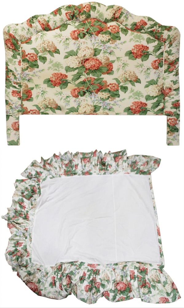 Vintage-style Chintz Pattern Upholstered Headboard: Vintage-style headboard, floral chintz pattern fabric upholstery on scalloped frame, 52" x 59" Provenance: Palm Beach, Florida estate. PLEASE NOTE: This lot is not from the Second Congregational Churc