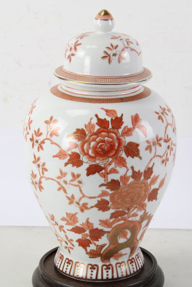 20thC Orange Floral Pattern Ginger Jar - 2