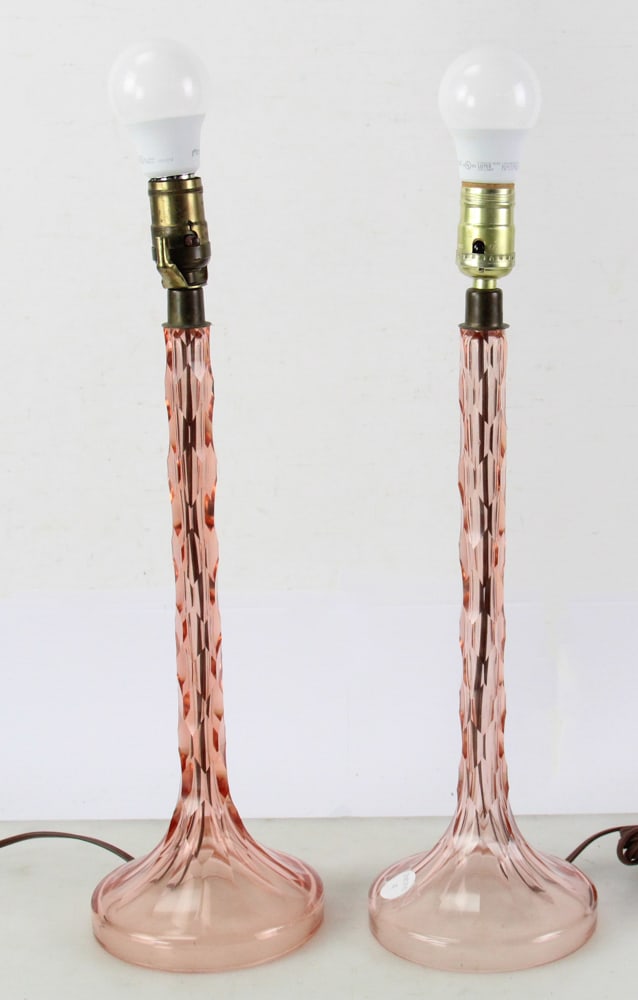 Pair of Cambridge Glass Style Pink Table Lamps: Pair of Cambridge glass style pink table lamps, 19" x 6". Provenance: Ipswich, Massachusetts collection. PLEASE NOTE: This lot is not from the Second Congregational Church of Beverly.