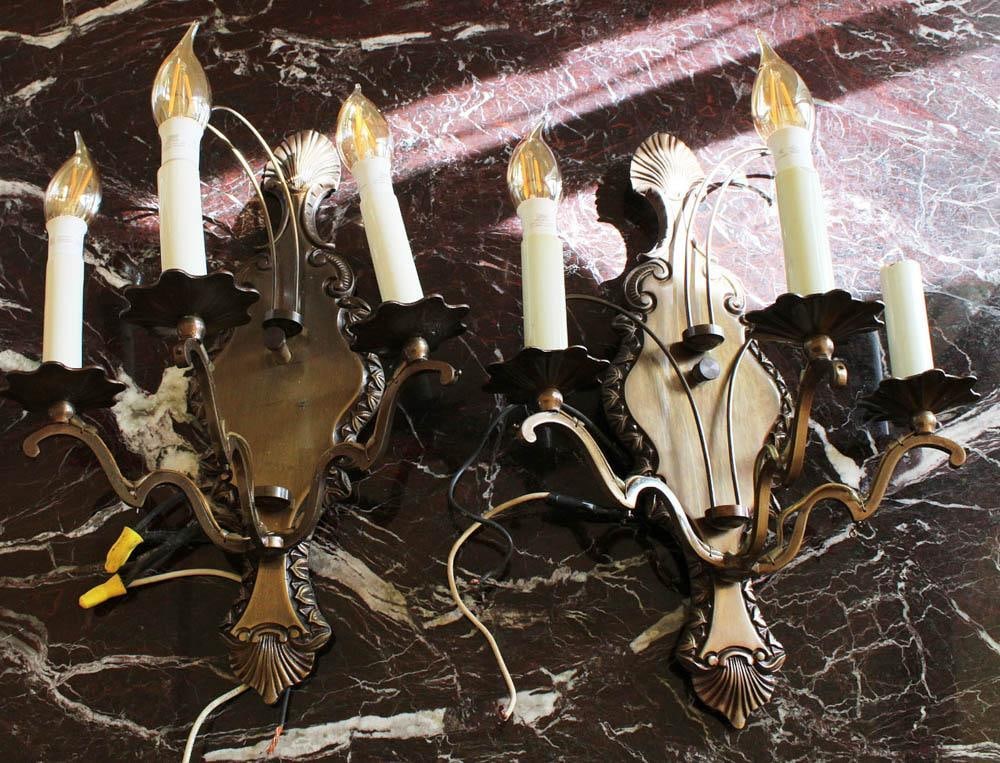 Pair of Brass 3-Light Wall Sconces: Pair of brass 3-light wall sconces, 15" H x 10 1/2" W. PLEASE NOTE: This lot is not from the Second Congregational Church of Beverly.
