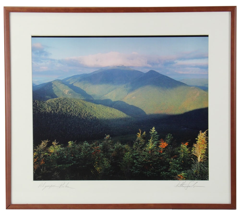 Framed Mountain Landscape Art Photo, Algonquin Peaks: Framed landscape art photo featuring mountain landscape "Algonuin Peaks", signed indistinctly L/R, 19" x 23" (image), framed 27" x 30". Provenance: Palm Beach, Florida estate. PLEASE NOTE: This lot