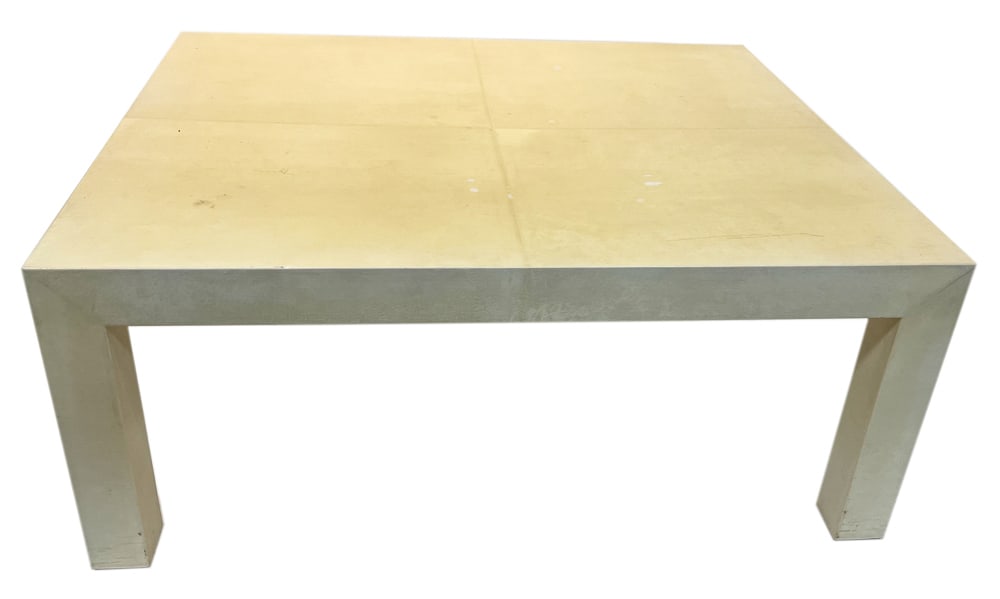 Karl Springer Style Cocktail Table: Karl Springer style cocktail table, 18 1/4" H x 36" square. Provenance: Palm Beach, Florida estate. PLEASE NOTE: This lot is not from the Second Congregational Church of Beverly.