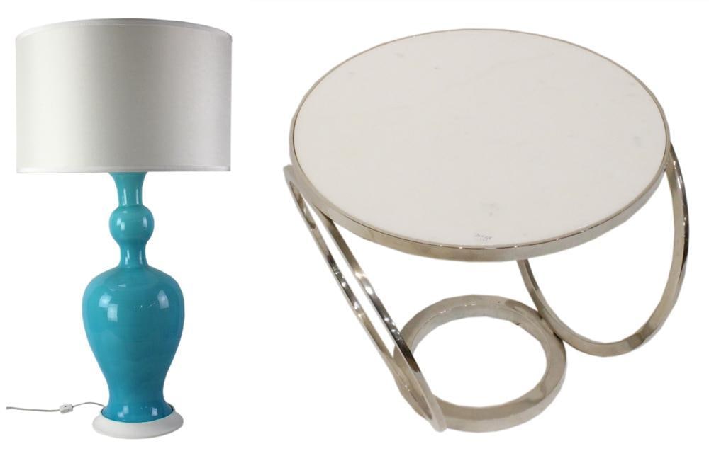Turquoise Lamp, Metal End Table: Turquoise lamp, 38" x 10"; metal end table, 20 1/2" x 22". Provenance: Palm Beach, Florida estate. PLEASE NOTE: This lot is not from the Second Congregational Church of Beverly.