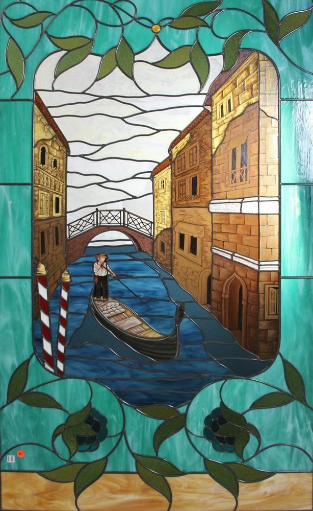 Large Leaded and Stained Glass Panel: Large leaded and stained glass panel depicting Venetian canal scene with floral border, 76" H x 43 1/2" W. PLEASE NOTE: This lot is not from the Second Congregational Church of Beverly.