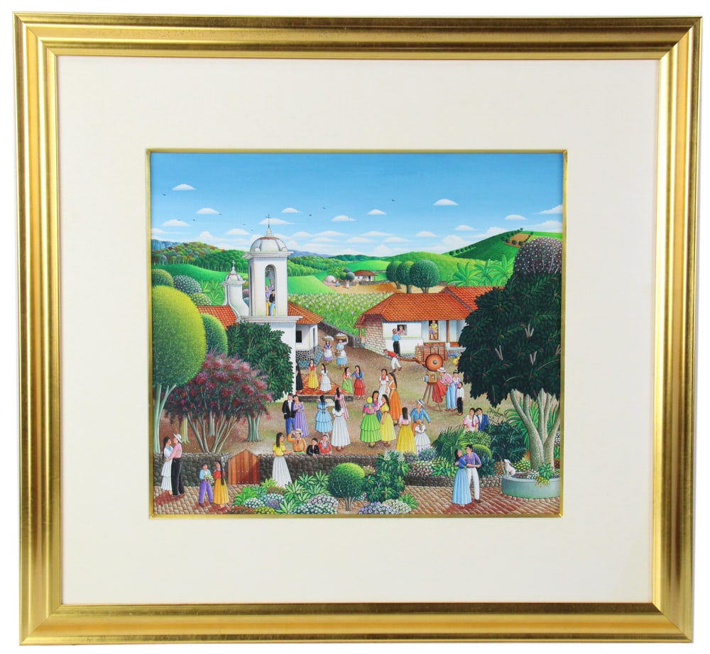 Roque Zelaya Acosta, Honduras Village Scene: Roque Zelaya Acosta (Honduran, b.1958), Honduras country village scene with landscape, watercolor on board, signed and dated 1997, 16" x 18", framed 26" x 28". Provenance: Palm Beach, Florida estate.