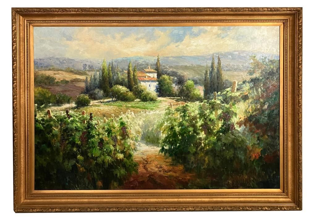 Country Landscape, Italy, Oil on Canvas: Country landscape, Italy, oil on canvas, 48" x 73", framed 58" x 81". Provenance: Colorado collection. PLEASE NOTE: This lot is not from the Second Congregational Church of Beverly.