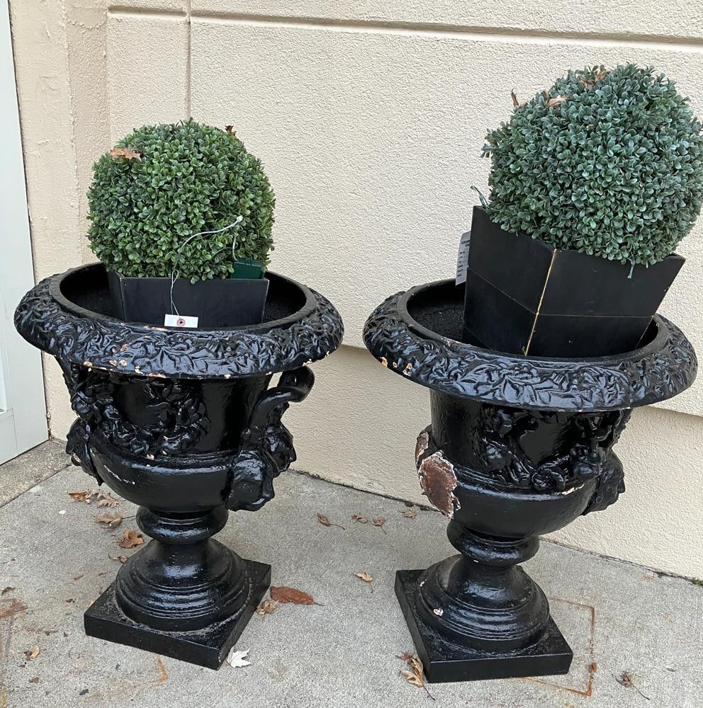 Pair of Victorian Cast Iron Urns, Painted Black: Pair of Victorian cast iron urns, painted black, 27" H x 22" W. Provenance: Palm Beach, Florida estate. PLEASE NOTE: This lot is not from the Second Congregational Church of Beverly.
