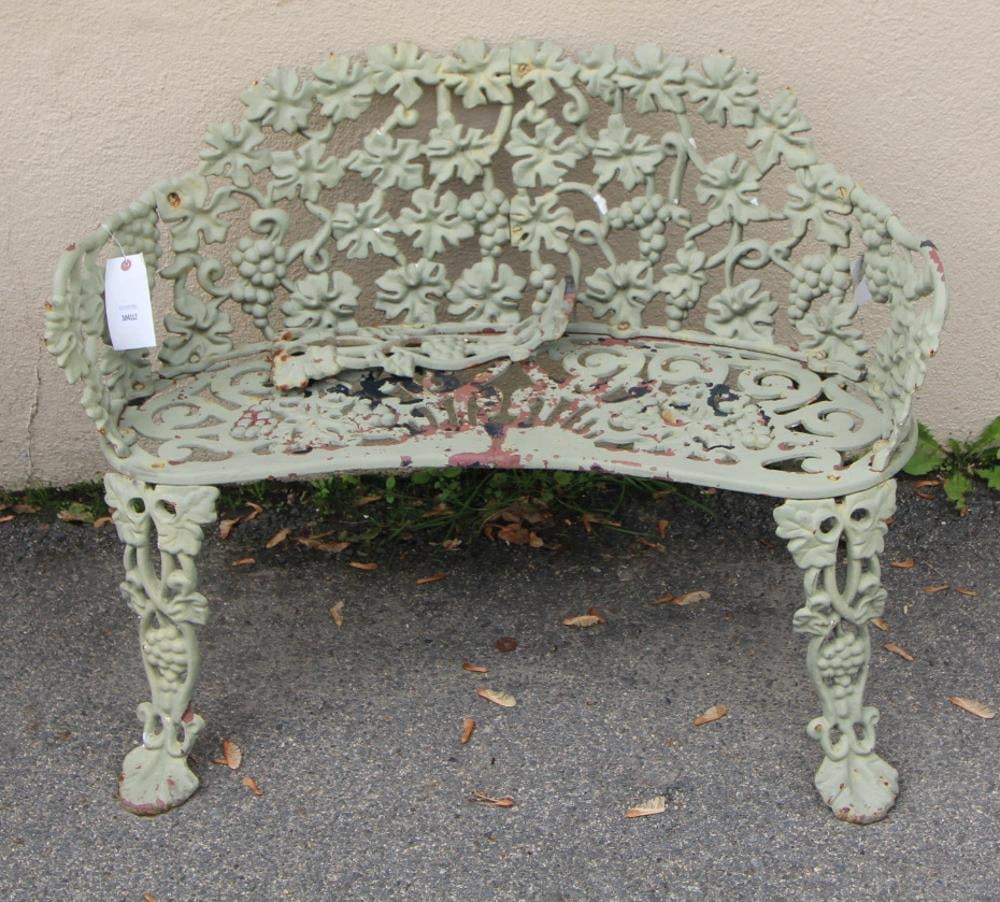 Iron Bench: Iron bench, 27" x 39" x 13". One leg needs repair. PLEASE NOTE: This lot is not from the Second Congregational Church of Beverly.