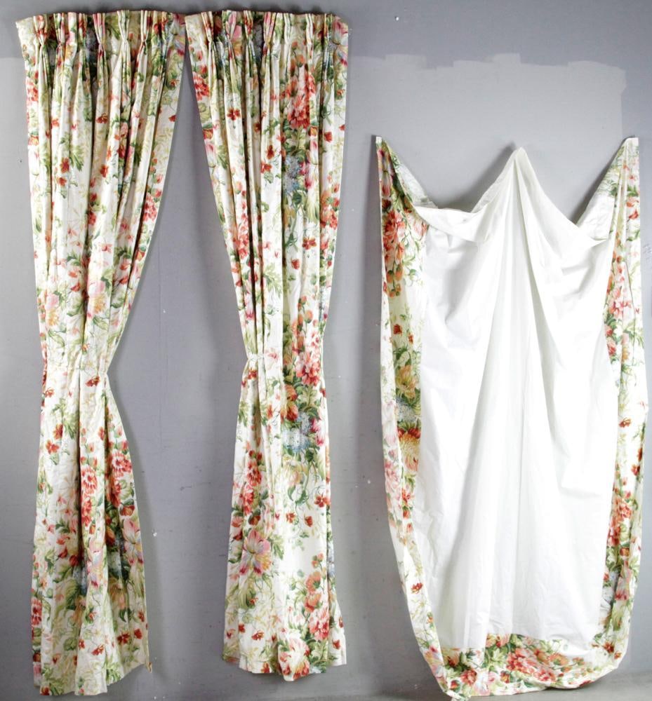 Pair of Custom Floral Draperies with Bedskirt: Pair of custom made floral draperies, with a full-size bedskirt. PLEASE NOTE: This lot is not from the Second Congregational Church of Beverly.