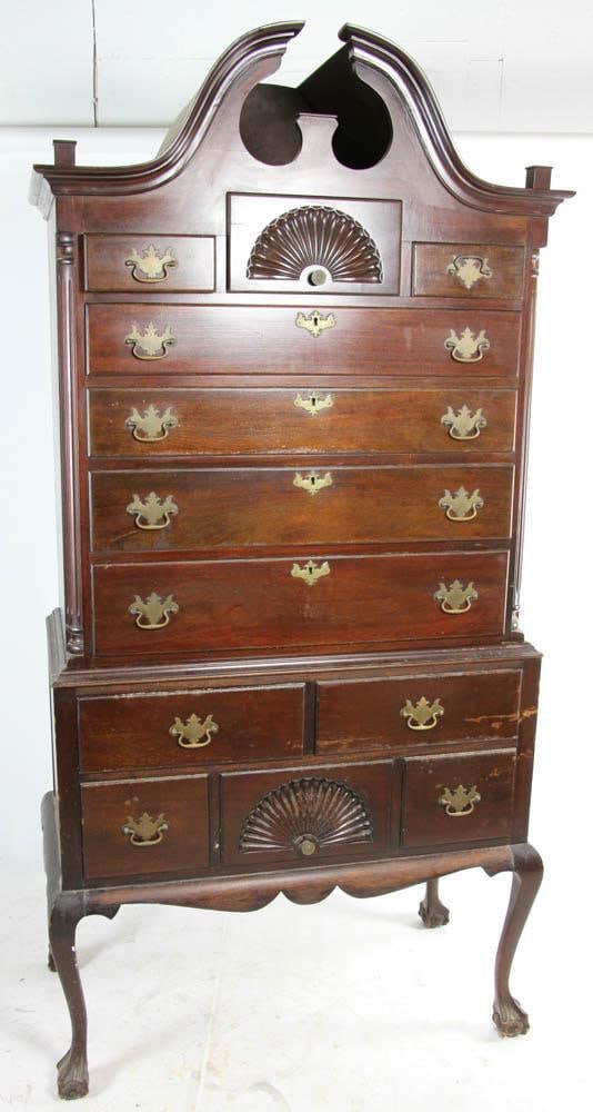 Centennial Mahogany Highboy: Centennial mahogany highboy with fan carving, ball and claw feet, 80" H x 36" W x 20" D. Provenance: South Hampton, New York collection. PLEASE NOTE: This lot is not from the Second