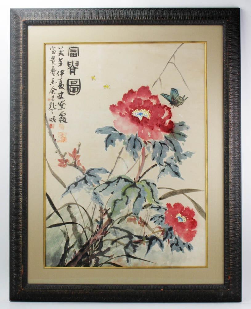 Vintage Chinese Floral and Butterfly Watercolor: Vintage Chinese floral and butterfly watercolor on paper, signed, 34" x 25", framed 45" x 36". Provenance: Palm Beach, Florida estate. PLEASE NOTE: This lot is not from the Second Congregational