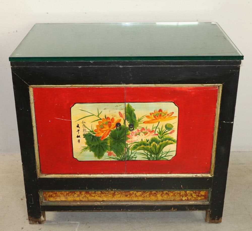 Antique Chinese Painted Glass Top Cabinet: Antique Chinese painted cabinet with modern glass top, 24" H x 38" W x 22" D. PLEASE NOTE: This lot is not from the Second Congregational Church of Beverly.