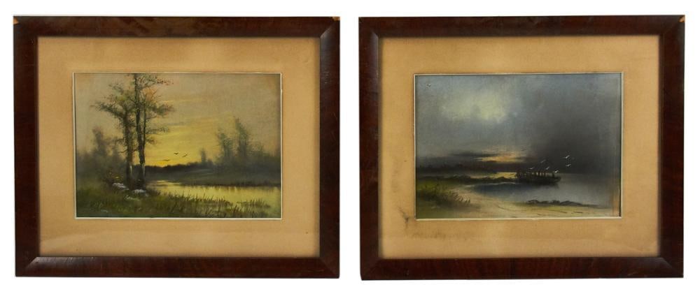 Two Antique Pastels, Landscape and Waterfront: Two antique pastels, landscape and waterfront, in original mahogany frames 17" x 21". Provenance: Boxford, Massachusetts collection. PLEASE NOTE: This lot is not from the Second Congregational Ch
