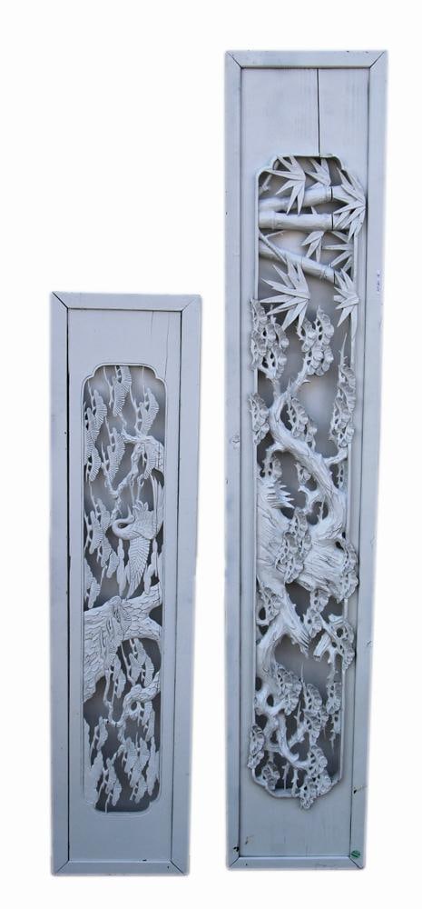 Japanese Painted White Carved Panels: Japanese painted white carved panels, lot of (2), 54" x 13", and 74" x 13". PLEASE NOTE: This lot is not from the Second Congregational Church of Beverly.