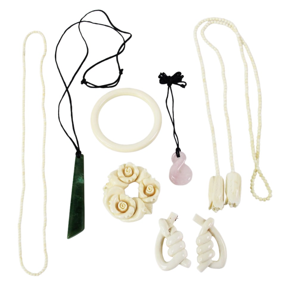 Carved Bone, Jade, and Rose Quartz Jewelry: Carved bone, jade, and rose quartz jewelry, necklaces, bracelets, earrings, and pendants, (7) pieces total. Provenance: Lexington, Massachusetts collection. PLEASE NOTE: payment for silver, gold, jewe