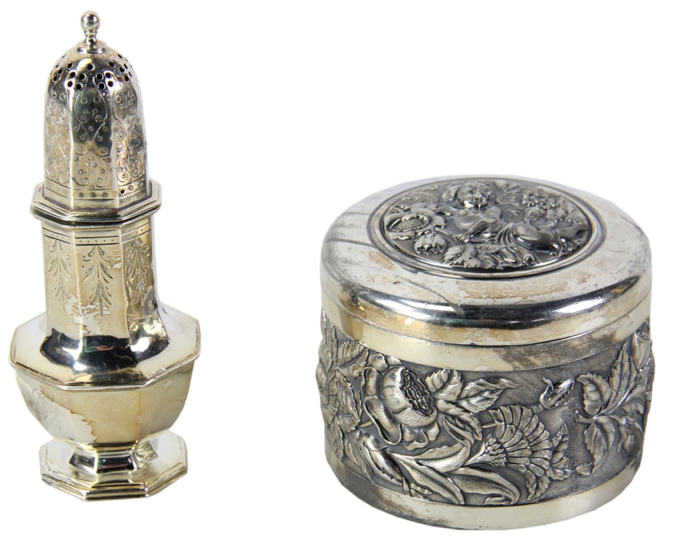 Sterling Salt Shaker and Vanity Jar: Sterling salt shaker, 6" x 1", and sterling vanity jar with florals and angelic figures on lid. Approximately 13.56 troy oz TW. Provenance: Lexington, Massachusetts collection. PLEASE NOTE: payment