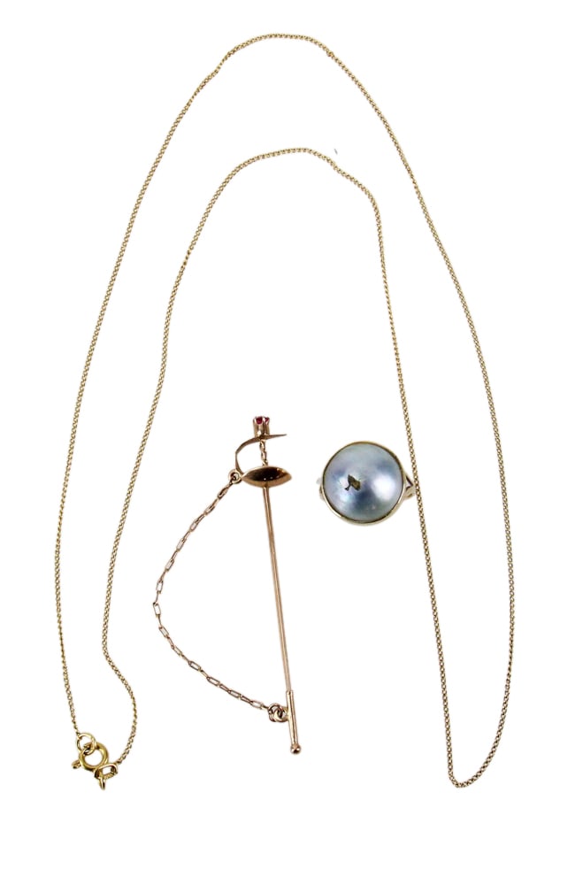 14k Yellow Gold Sword Pin, Mabe Pearl Ring, Chain: Three pieces of 14k yellow gold jewelry, to include: sword pin with ruby; ring with mabe pearl (pearl As Found); 25" chain. Approximately 8.1 grams TW. Provenance: Lexington, Massachusetts collection.