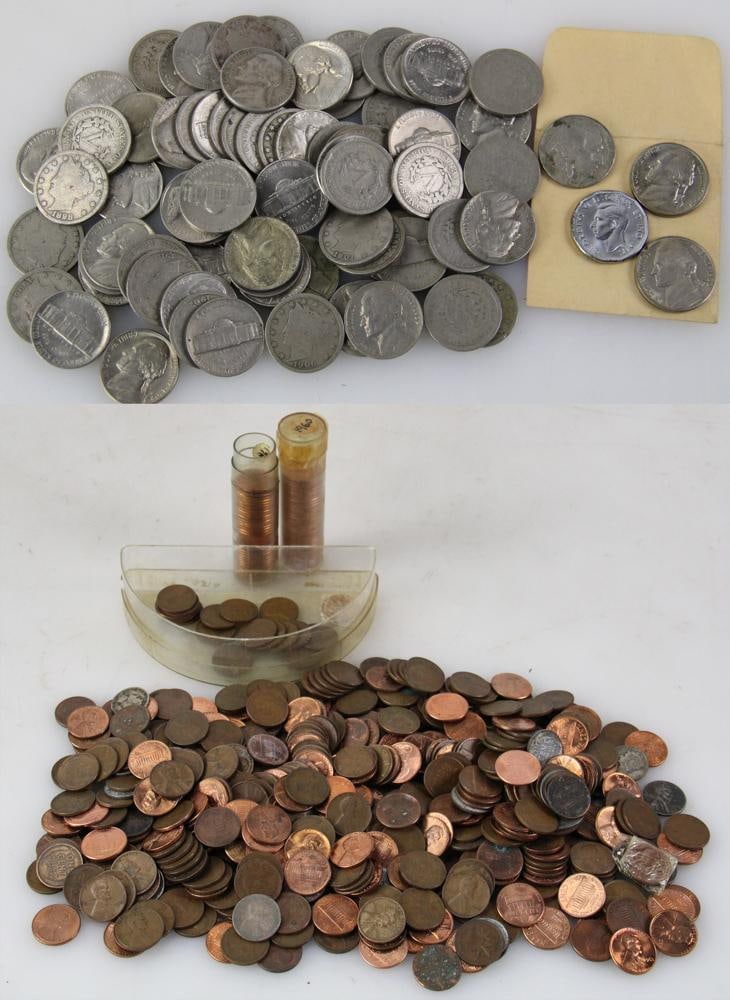 Group of Older Pennies, Old and Newer Nickels: Group of older pennies, approximately 3.75 lbs, and old and newer nickels, approximately 0.85 lbs. Provenance: Palm Beach, Florida estate.