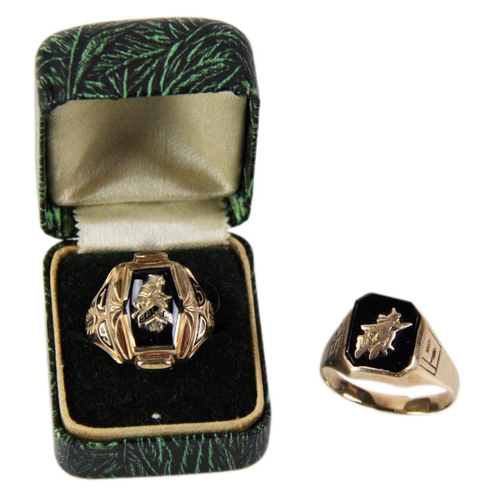 Two 10k Gold Rings: Two 10k gold rings, including (1) 1925 Salem, Massachusetts high school ring (size 9), and one other ring, size 7. Approximately 10.94 grams TW. Provenance: Beverly, Massachusetts collection. PLEASE N
