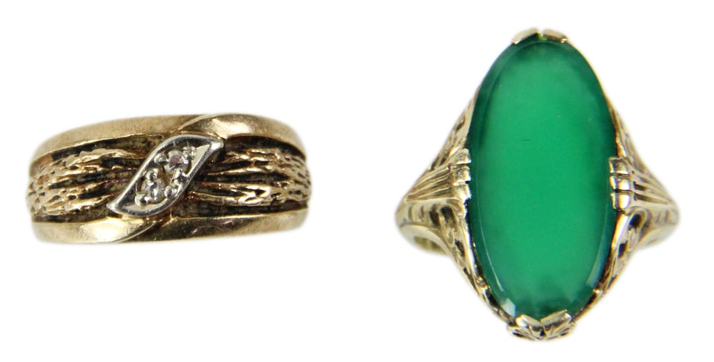 Two 10k Yellow Gold Rings, Jade, and Diamond Chips: Two 10k yellow gold rings, including jade ring, size 6 and ring with diamond chips, size 5. Approximately 8.2 grams TW. Provenance: South Hamilton, Massachusetts collection. PLEASE NOTE: payment for s