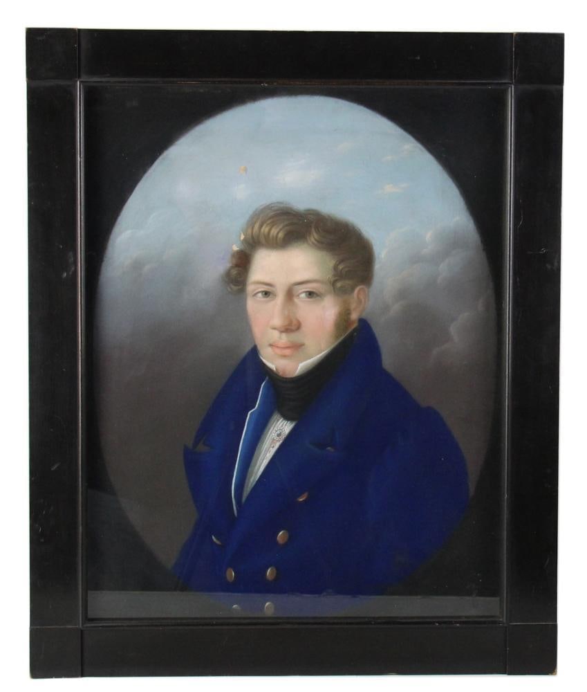 Portrait of Young Man in Blue Coat, Pastel: Portrait of young man in blue coat, pastel, 21 1/2" x 17", framed 26 3/4" x 22". Provenance: Estate of Dalia Zikas of Melrose, Massachusetts.