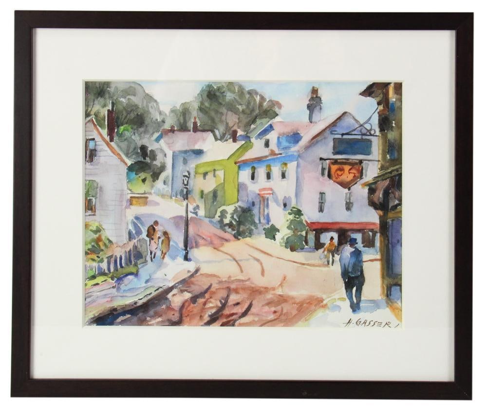 Henry M. Gasser, Street Scene, Watercolor: Henry M. Gasser (American, 1909-1981), street scene, watercolor, signed L/R, 11" x 14 1/4" (sight), framed 17 1/2" x 20 3/4". Provenance: Estate of Dalia Zikas of Melrose, Massachusetts.