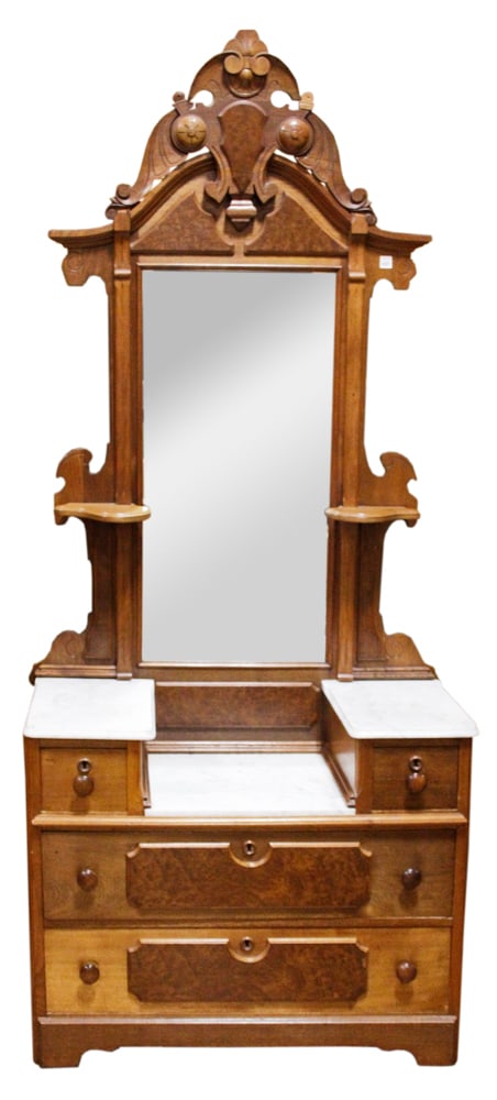 Victorian Walnut Deep Well Chest: Victorian walnut deep well chest with mirror and marble tops, chest 88" H x 40" W x 17" D, mirror 36" x 19". Provenance: Swampscott, Massachusetts collection.
