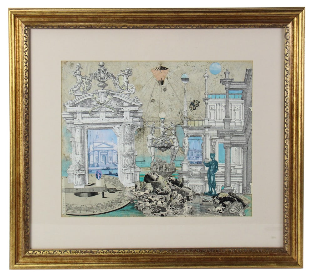 Philip Standish Read, "Culture is Ammunition" Mixed Media: Philip Standish Read (American, 1927-2000), "Culture is Ammunition", surrealist mixed media collage, signed P. Read L/R, titled verso, 13 1/4" x 16 1/4" (sight), framed 22" x 25". Provenance: Estate