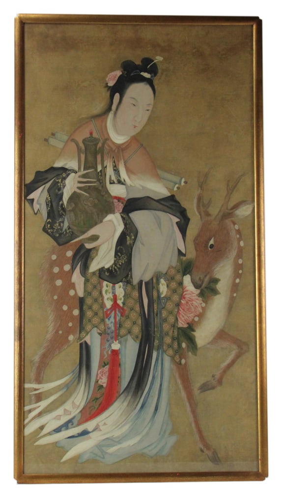 Chinese Painting of Woman with Deer: Chinese painting of woman with deer, watercolor on silk, unsigned, no seal marks, 49" x 26", figure 43" H. Scuffs and damp stains. Provenance: Estate of Thomas Nicholson of Palm Beach, Florida and