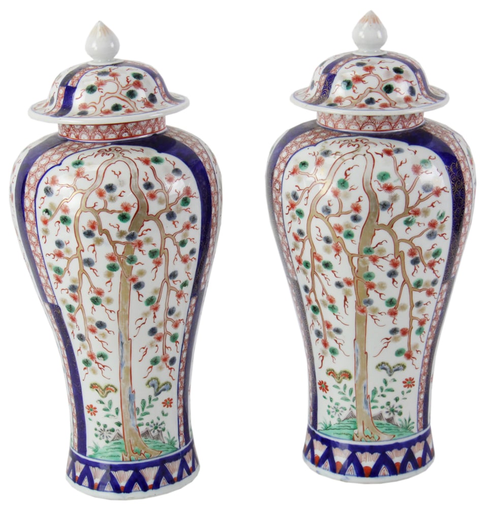 Pair of Japanese Imari Lidded Jars: Pair of Chinese Imari lidded jars marked under lid, Qing Dynasty, 16 1/2" x 7 1/4". Provenance: Estate of Thomas Nicholson of Palm Beach, Florida and Stratham, New Hampshire.