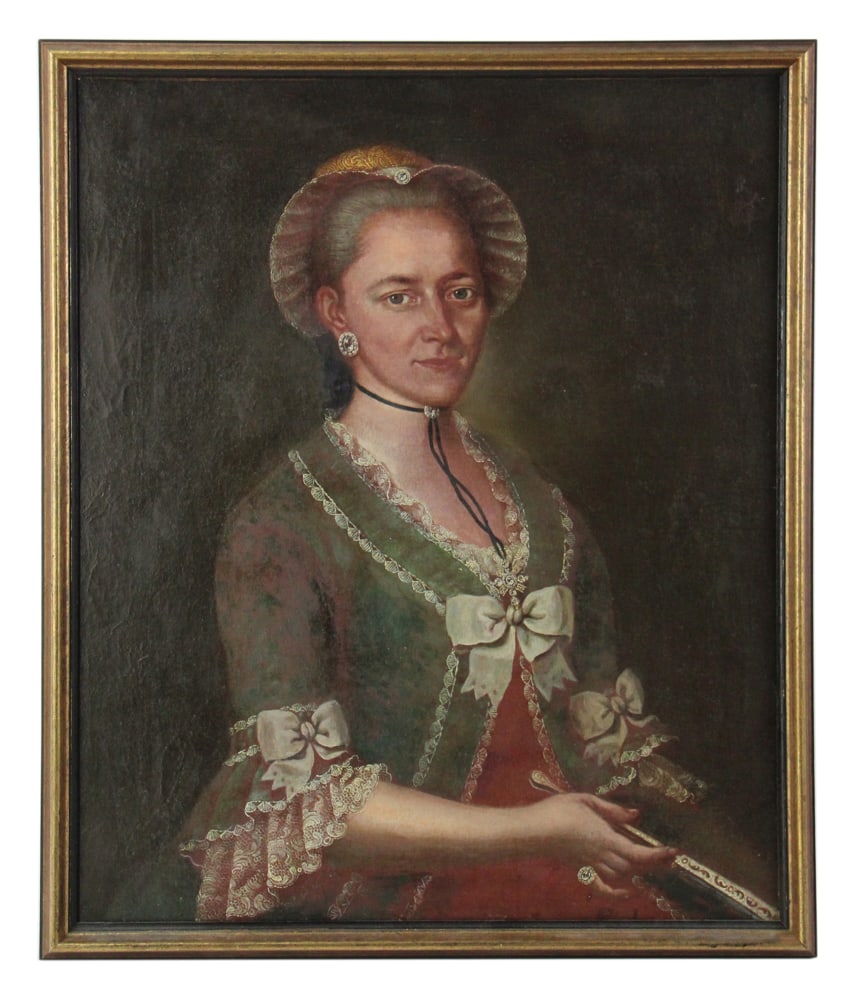 Early 19thC French, Woman Holding Fan, Oil on Canvas: Early 19th century French, woman holding fan, oil on canvas, unsigned, 26 3/4" x 22 1/2" (sight), framed 29 1/2" x 28". Provenance: Estate of Thomas Nicholson of Palm Beach, Florida and Stratham, New