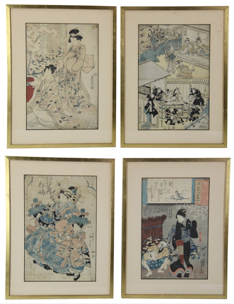Group of Japanese Woodblock Prints: Group of (4) Japanese woodblock prints, to include: Utagawa Toyokuni I, actor and woman (a kyogen performance at a feudal lord's house. Chidori Sawamura's dressing), Edo period, possibly circa 1810; u