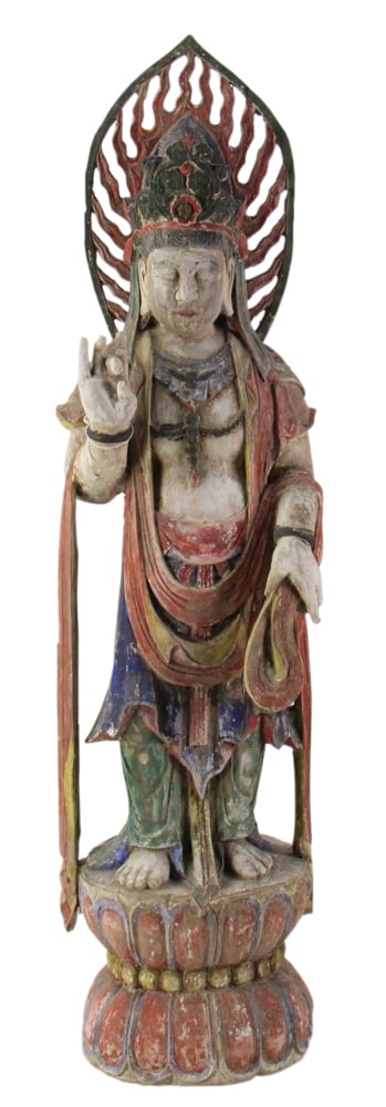 19thC Chinese Qing Dynasty Bodhisattva on Stand: 19th century Chinese Qing Dynasty polychrome painted wooden Bodhisattva on low stand, figure 39 1/2" x 10" x 8", stand 11". Cracks, minor losses. Provenance: Estate of Thomas Nicholson of Palm Beach,