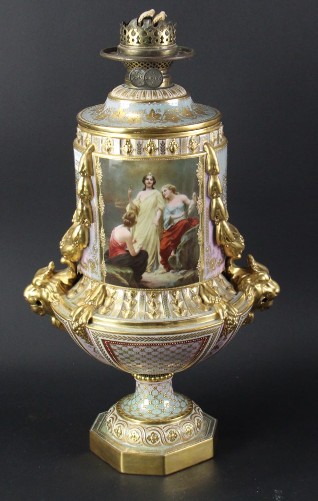 19thC German Porcelain Oil Lamp with Lion Head Mounts (1 of 1)