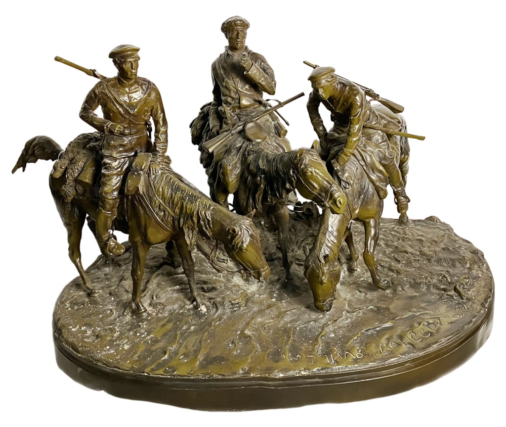 Evgeni Lanceray, Don Cossacks on Banks of Danube, Bronze: Evgeni Lanceray (Russian, 1884-1886), "Don Cossacks on the Banks of the Danube", bronze, 30" x 46" x 24". Provenance: Newburyport, Massachusetts collection. PLEASE NOTE: On KaminskiLIVE, lots valued a