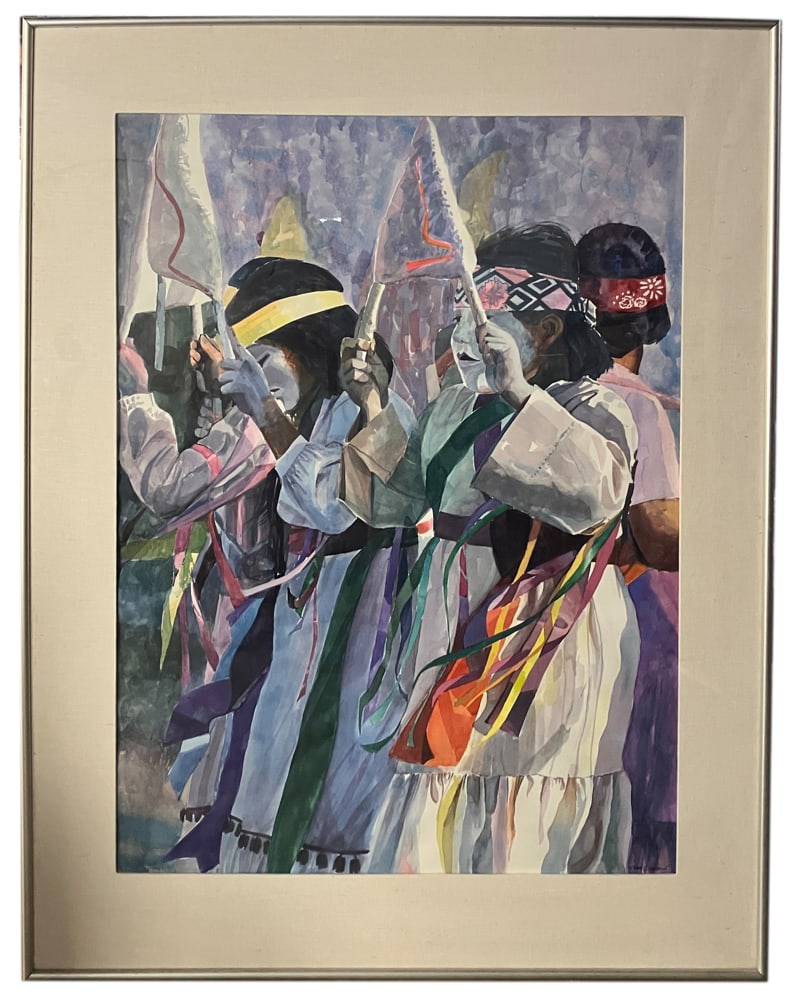 Susan Imwalle, Corn Dancers, Watercolor: Susan Imwalle, titled "Corn Dancers, watercolor, 58" x 45". Owner paid $1500. Provenance: Palm Beach, Florida estate.