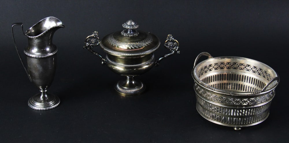 Three Pieces of Sterling Hollowware: Three (3) pieces of sterling hollowware, tallest 7". Approximately 26.1 troy oz TW (weighable). Provenance: Estate of Thomas Nicholson of Palm Beach, Florida and Stratham, New Hampshire. PLEASE NOTE: