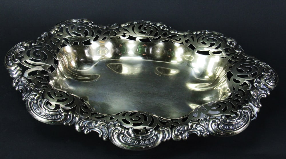 Sterling Tray with Reticulated Border: Sterling tray with reticulated and scrolled border, approximately 2 3/4" H x 18 1/2" x 14 1/4". Approximately 34.9 troy oz TW. Provenance: Estate of Thomas Nicholson of Palm Beach, Florida and Stratha