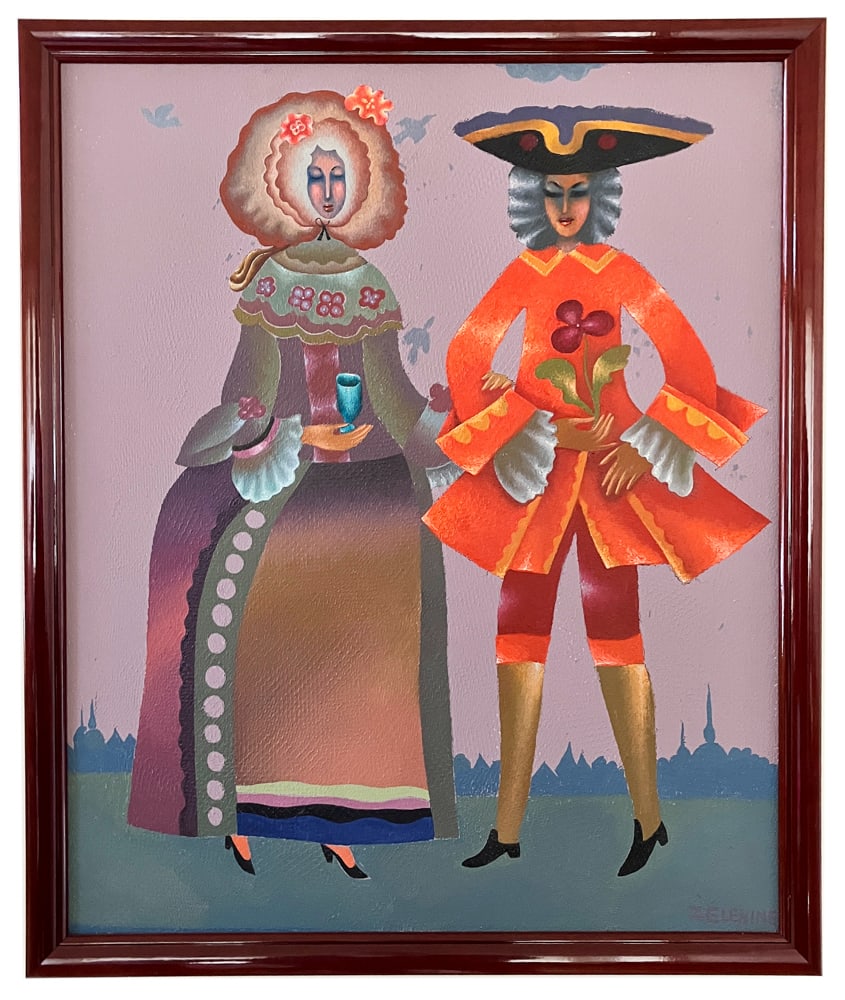 Edouard Zelenine, Couple in Fancy Dress, Oil on Canvas: Edouard Zelenine (Russian, 1938-2002), couple in fancy dress, oil on canvas, signed L/R, 28 3/4" x 23 1/2", framed 31" x 25 13/4". Provenance: Lexington, Massachusetts collection. PLEASE NOTE: Item
